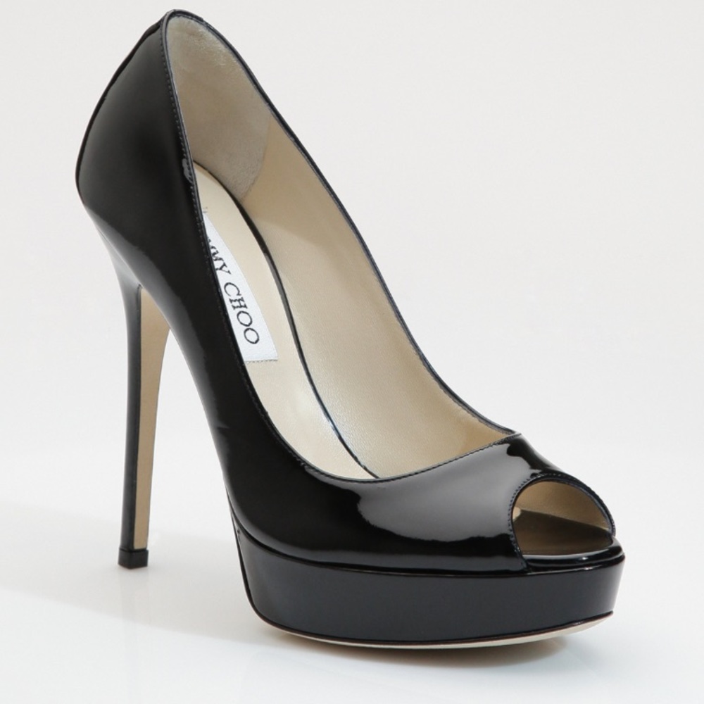 Jimmy Choo Black Crown Patent Leather Peep-Toe Pumps